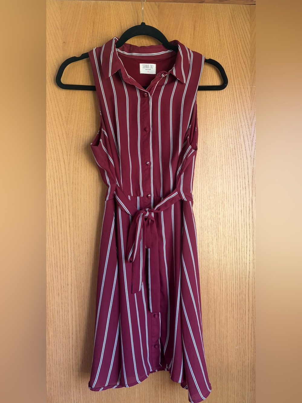 Burgundy and White Sleeveless Striped Shirt Dress with Tie Waist